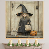 A Little Girl Dressed in a Witch Costume with Cat and Pumpkin on Ready to Hang 1.5" Thick Canvas Wrap, Floating Framed Canvas, Flat Rolled Canvas